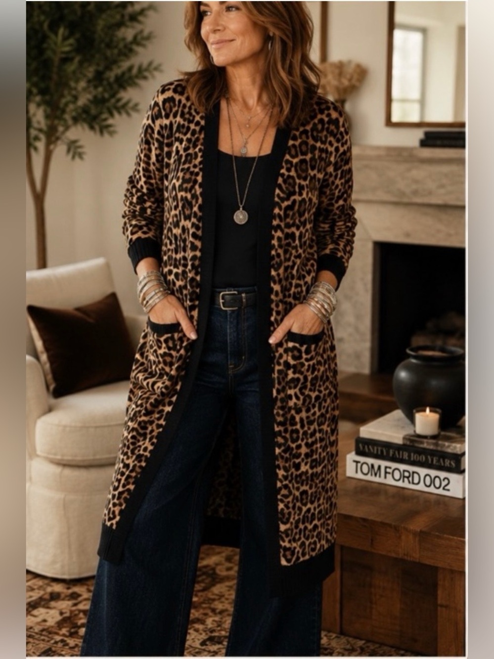 Chico’s Leopard Print Duster Cardigan Open Front Sweater Medium